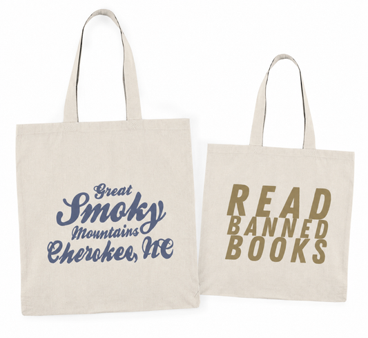 Read Banned Books Great Smoky Mountains Cherokee SC Roadtrip Tote Bag — Double-Sided like your Mother's Compliments