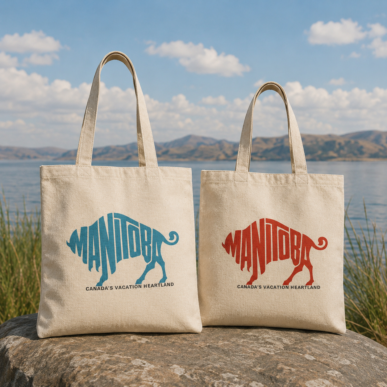 Totally Manitoba Vacation Heartland Cotton Canvas Tote — Double-sided Azul/Coral