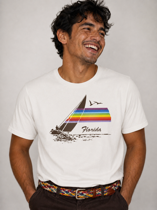 Rainbow Florida Vintage Souvenir T‑Shirt — Distressed Gas Station Couture Vacation Tee